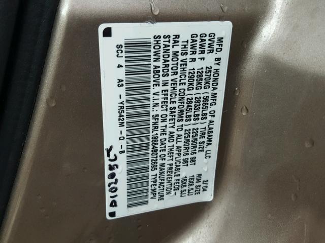 5FNRL18664B072695 - 2004 HONDA ODYSSEY EX WHITE photo 10