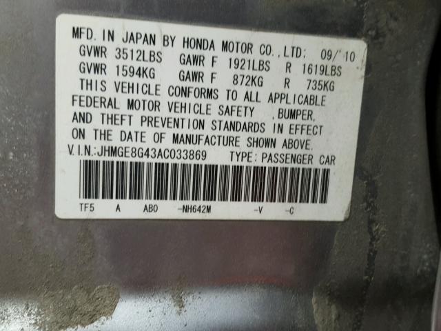 JHMGE8G43AC033869 - 2010 HONDA FIT SPORT SILVER photo 10