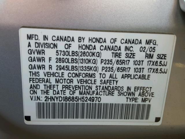 2HNYD18685H524970 - 2005 ACURA MDX TOURIN SILVER photo 10