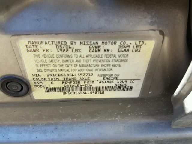 3N1CB51D56L592712 - 2006 NISSAN SENTRA 1.8 BEIGE photo 10