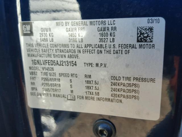 1GNLVFED5AJ213154 - 2010 CHEVROLET TRAVERSE L BLUE photo 10