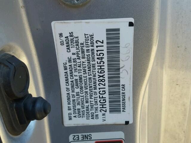 2HGFG128X6H545112 - 2006 HONDA CIVIC EX فضي صورة 10