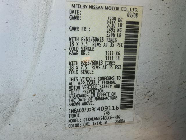 1N6AD07UX9C409116 - 2009 NISSAN FRONTIER C WHITE photo 10