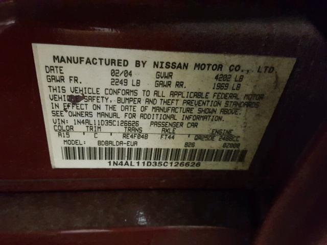 1N4AL11D35C126626 - 2005 NISSAN ALTIMA S BURGUNDY photo 10