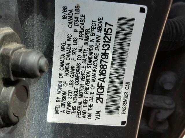 2HGFA16879H312157 - 2009 HONDA CIVIC EX ნაცრისფერი ფოტო 10