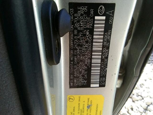 JTHBF30G736007047 - 2003 LEXUS ES 300 SILVER photo 10