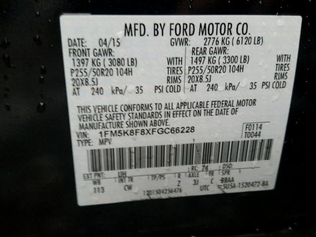 1FM5K8F8XFGC66228 - 2015 FORD EXPLORER L BLACK photo 10