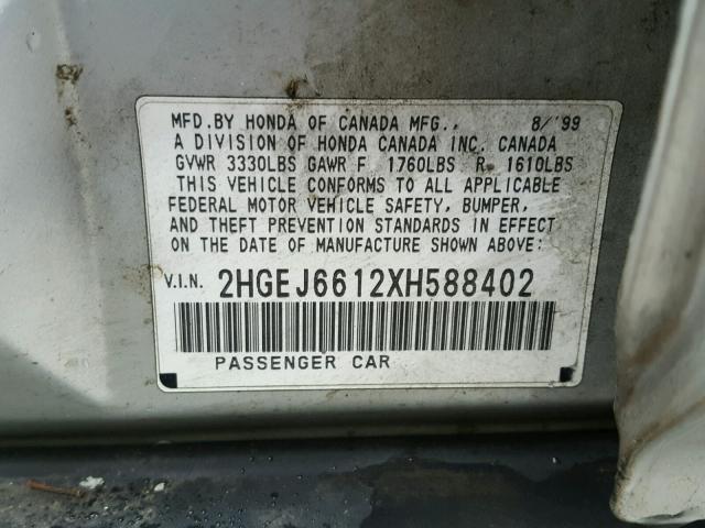 2HGEJ6612XH588402 - 1999 HONDA CIVIC BASE 银色 照片 10