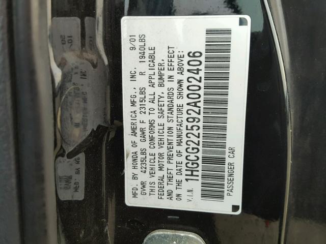 1HGCG22592A002406 - 2002 HONDA ACCORD EX BLACK photo 10