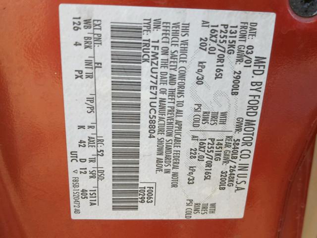 1FMZU77E71UC58804 - 2001 FORD EXPLORER S RED photo 10