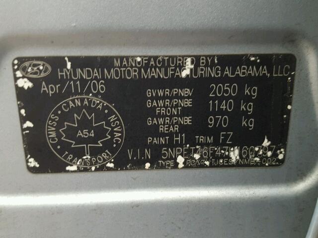 5NPET46F47H160797 - 2007 HYUNDAI SONATA GL BLUE photo 10