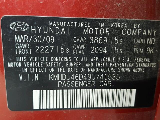 KMHDU46D49U741535 - 2009 HYUNDAI ELANTRA GL RED photo 10