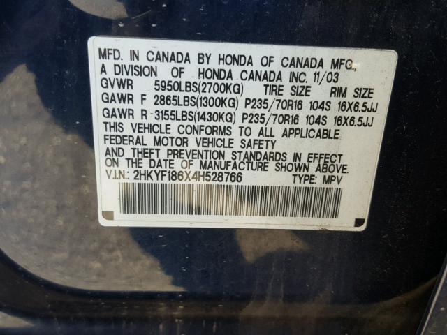 2HKYF186X4H528766 - 2004 HONDA PILOT EXL BLUE photo 10