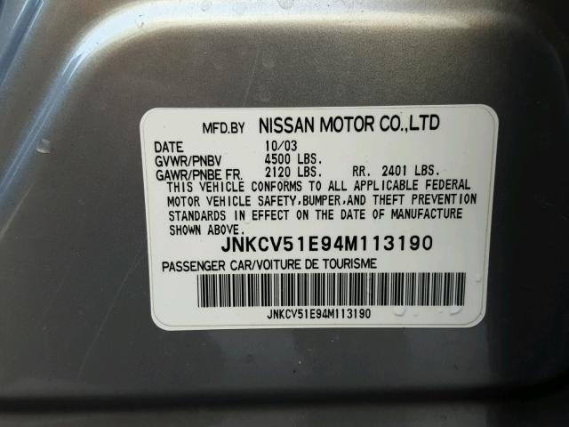 JNKCV51E94M113190 - 2004 INFINITI G35 SILVER photo 10