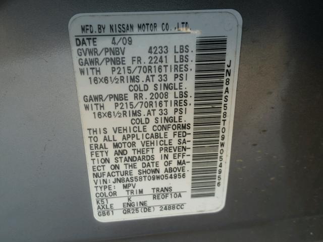 JN8AS58T09W054956 - 2009 NISSAN ROGUE S SILVER photo 10