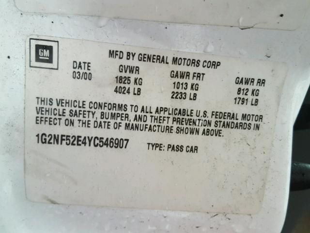 1G2NF52E4YC546907 - 2000 PONTIAC GRAND AM S WHITE photo 10