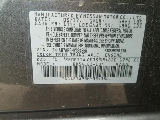 3N1AB7AP9HY334356 - 2017 NISSAN SENTRA S GRAY photo 10