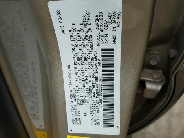 JTJHF10U220270633 - 2002 LEXUS RX 300 GOLD photo 10