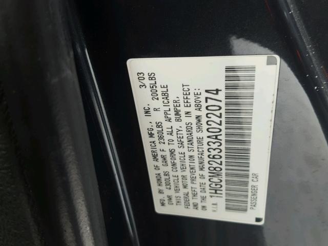 1HGCM82633A022074 - 2003 HONDA ACCORD EX BLACK photo 10