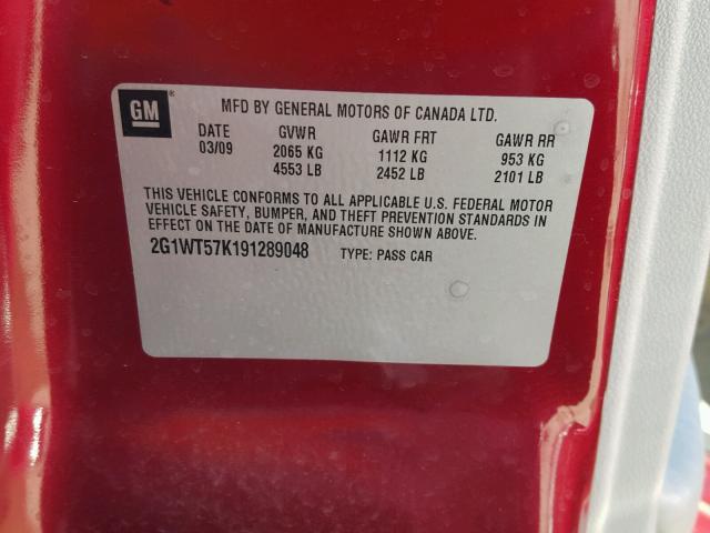 2G1WT57K191289048 - 2009 CHEVROLET IMPALA 1LT RED photo 10