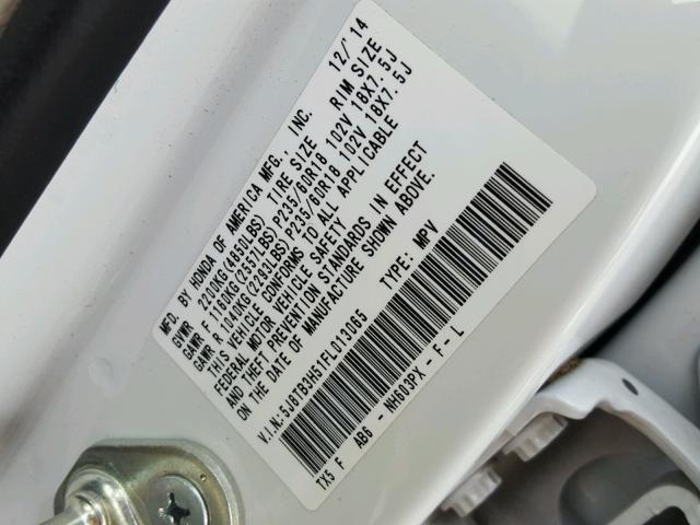 5J8TB3H51FL013065 - 2015 ACURA RDX TECHNO WHITE photo 10