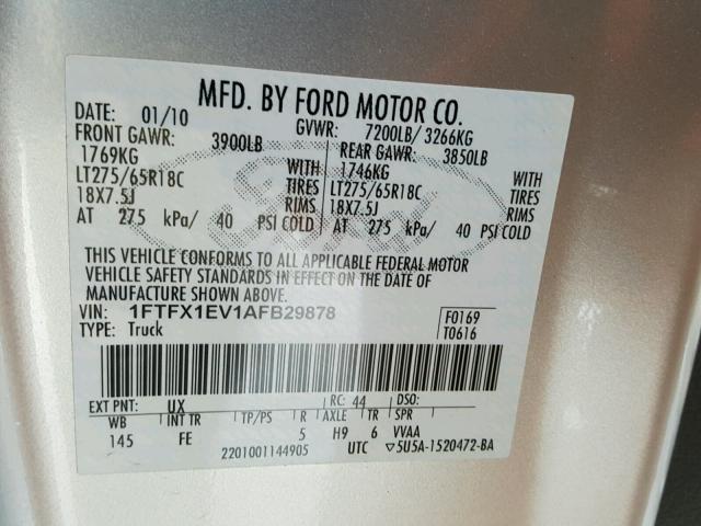 1FTFX1EV1AFB29878 - 2010 FORD F150 SUPER SILVER photo 10