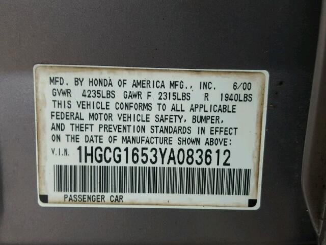 1HGCG1653YA083612 - 2000 HONDA ACCORD EX GRAY photo 10