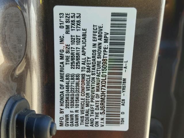 5J6RM3H7XDL015098 - 2013 HONDA CR-V EXL GRAY photo 10