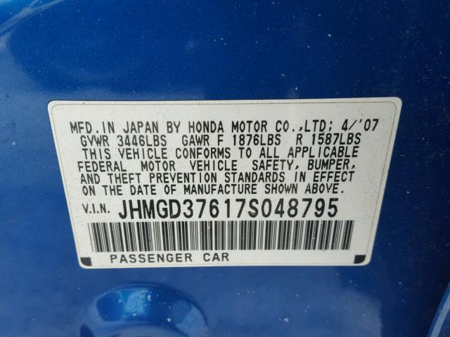 JHMGD37617S048795 - 2007 HONDA FIT S BLUE photo 10