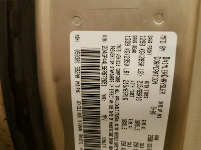 2D4GP44L56R872651 - 2006 DODGE GRAND CARA TAN photo 10