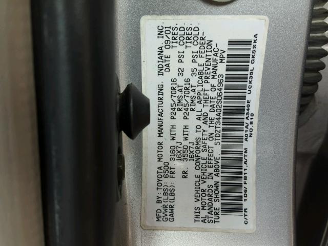 5TDZT34A02S064963 - 2002 TOYOTA SEQUOIA SR GRAY photo 10