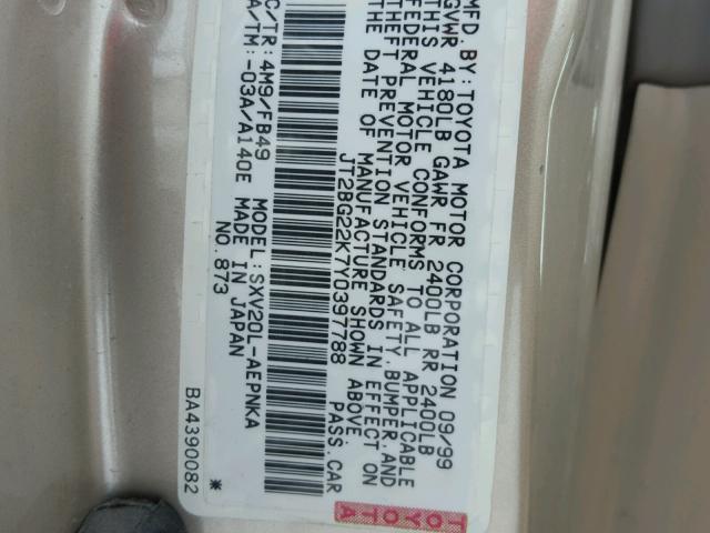 JT2BG22K7Y0397788 - 2000 TOYOTA CAMRY CE GOLD photo 10