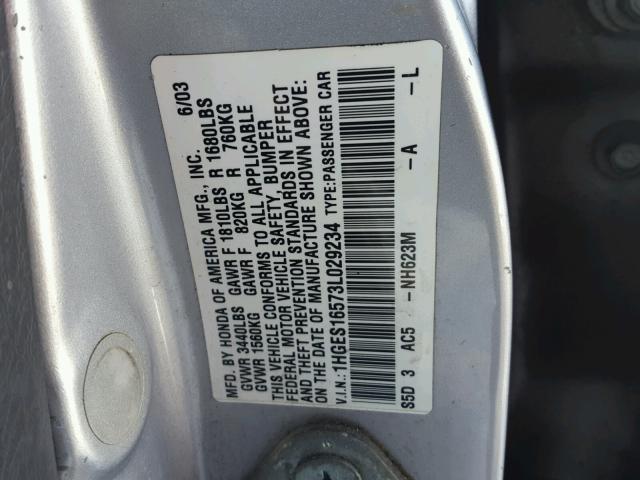 1HGES16573L029234 - 2003 HONDA CIVIC LX SILVER photo 10