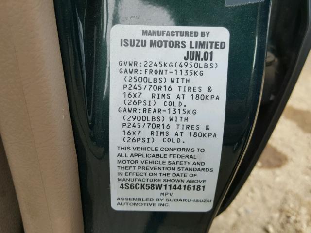 4S6CK58W114416181 - 2001 HONDA PASSPORT E 绿色 照片 10