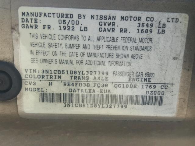 3N1CB51D8YL327799 - 2000 NISSAN SENTRA BAS GOLD photo 10