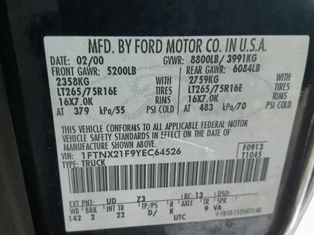 1FTNX21F9YEC64526 - 2000 FORD F250 SUPER BLACK photo 10