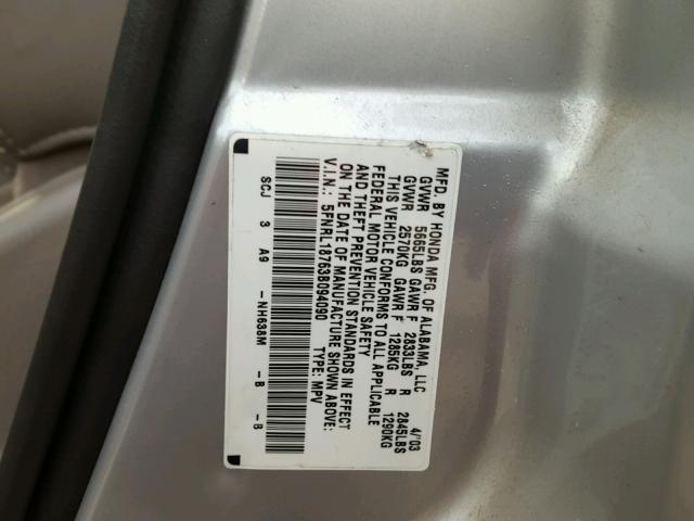 5FNRL18763B094090 - 2003 HONDA ODYSSEY EX SILVER photo 10