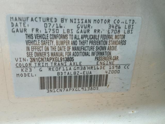 3N1CN7APXGL913805 - 2016 NISSAN VERSA S GRAY photo 10