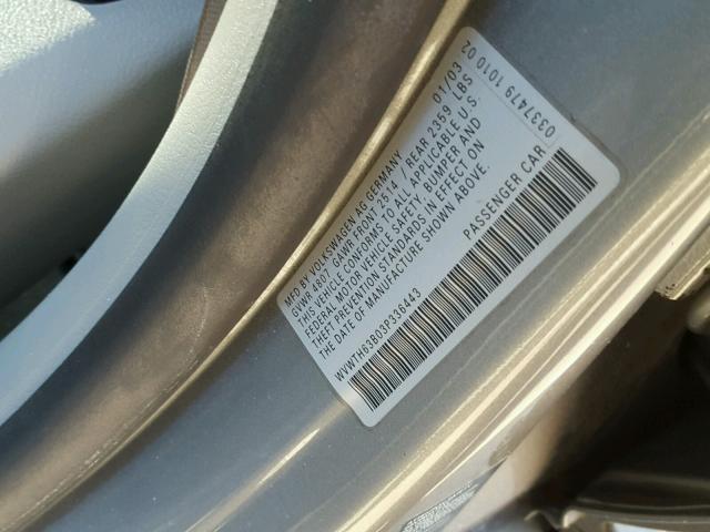 WVWTH63B03P336443 - 2003 VOLKSWAGEN PASSAT GLX GRAY photo 10