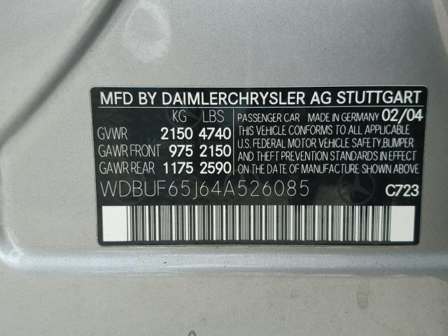 WDBUF65J64A526085 - 2004 MERCEDES-BENZ E 320 SILVER photo 10