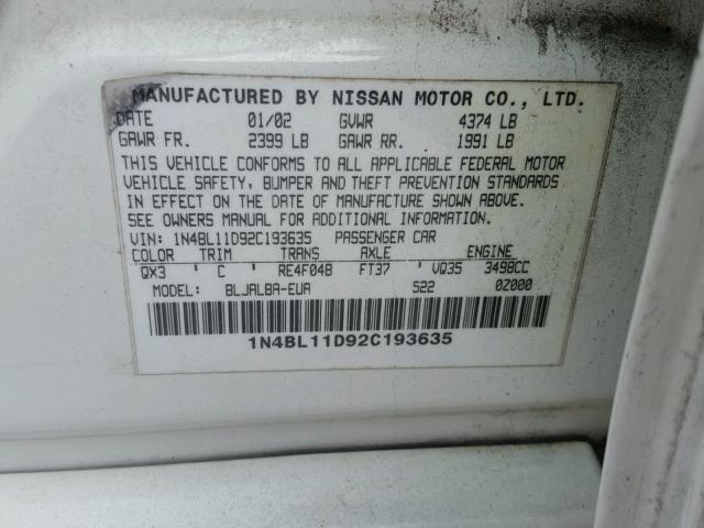 1N4BL11D92C193635 - 2002 NISSAN ALTIMA SE WHITE photo 10