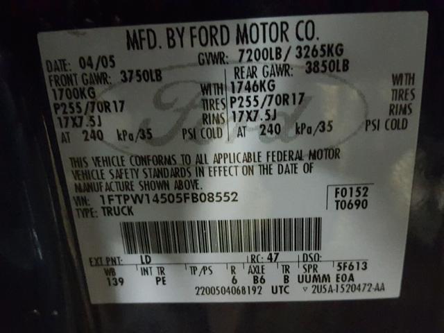 1FTPW14505FB08552 - 2005 FORD F150 SUPER BLUE photo 10