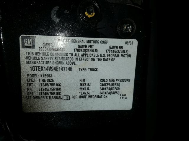 1GTEK14V94E147146 - 2004 GMC NEW SIERRA BLACK photo 10