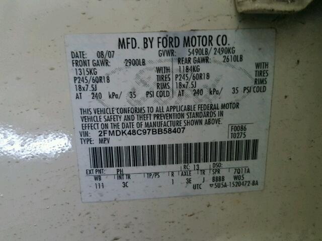 2FMDK48C97BB58407 - 2007 FORD EDGE SEL WHITE photo 10