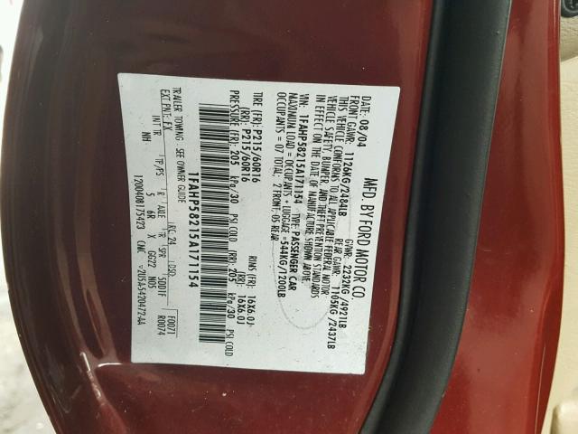 1FAHP58215A171154 - 2005 FORD TAURUS SE MAROON photo 10