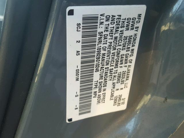 5FNRL18992B010246 - 2002 HONDA ODYSSEY EX GRAY photo 10