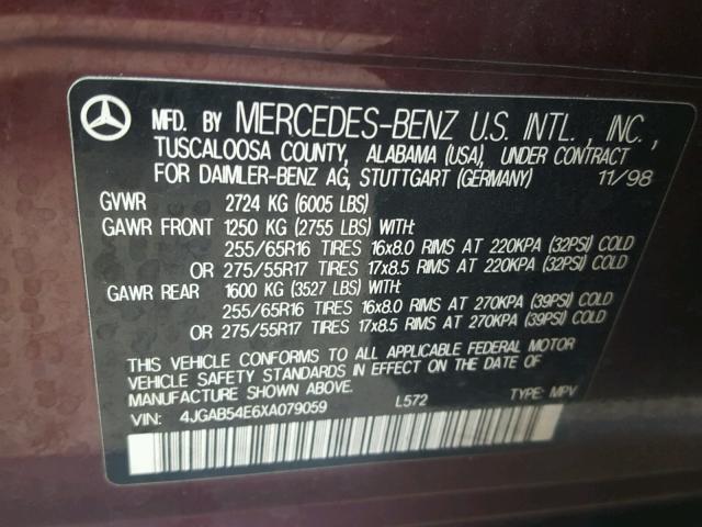 4JGAB54E6XA079059 - 1999 MERCEDES-BENZ ML 320 BURGUNDY photo 10