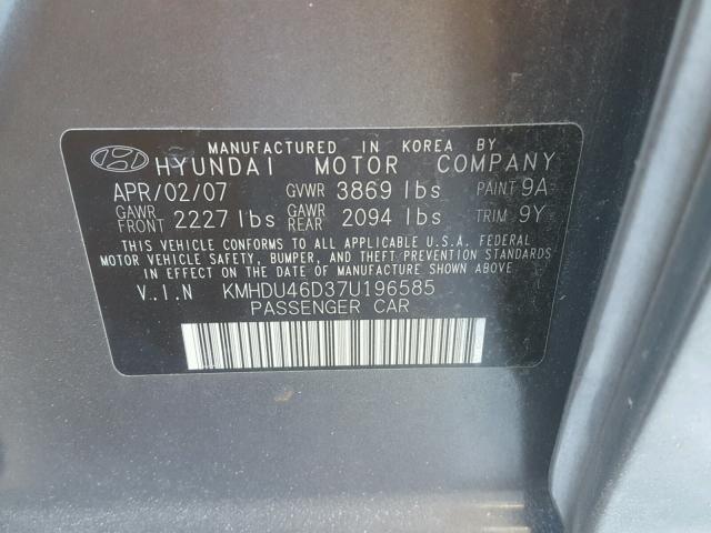 KMHDU46D37U196585 - 2007 HYUNDAI ELANTRA GL GRAY photo 10