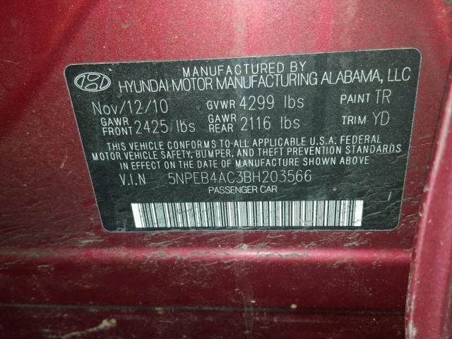 5NPEB4AC3BH203566 - 2011 HYUNDAI SONATA GLS TWO TONE photo 10