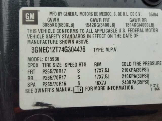 3GNEC12T74G304476 - 2004 CHEVROLET AVALANCHE GRAY photo 10